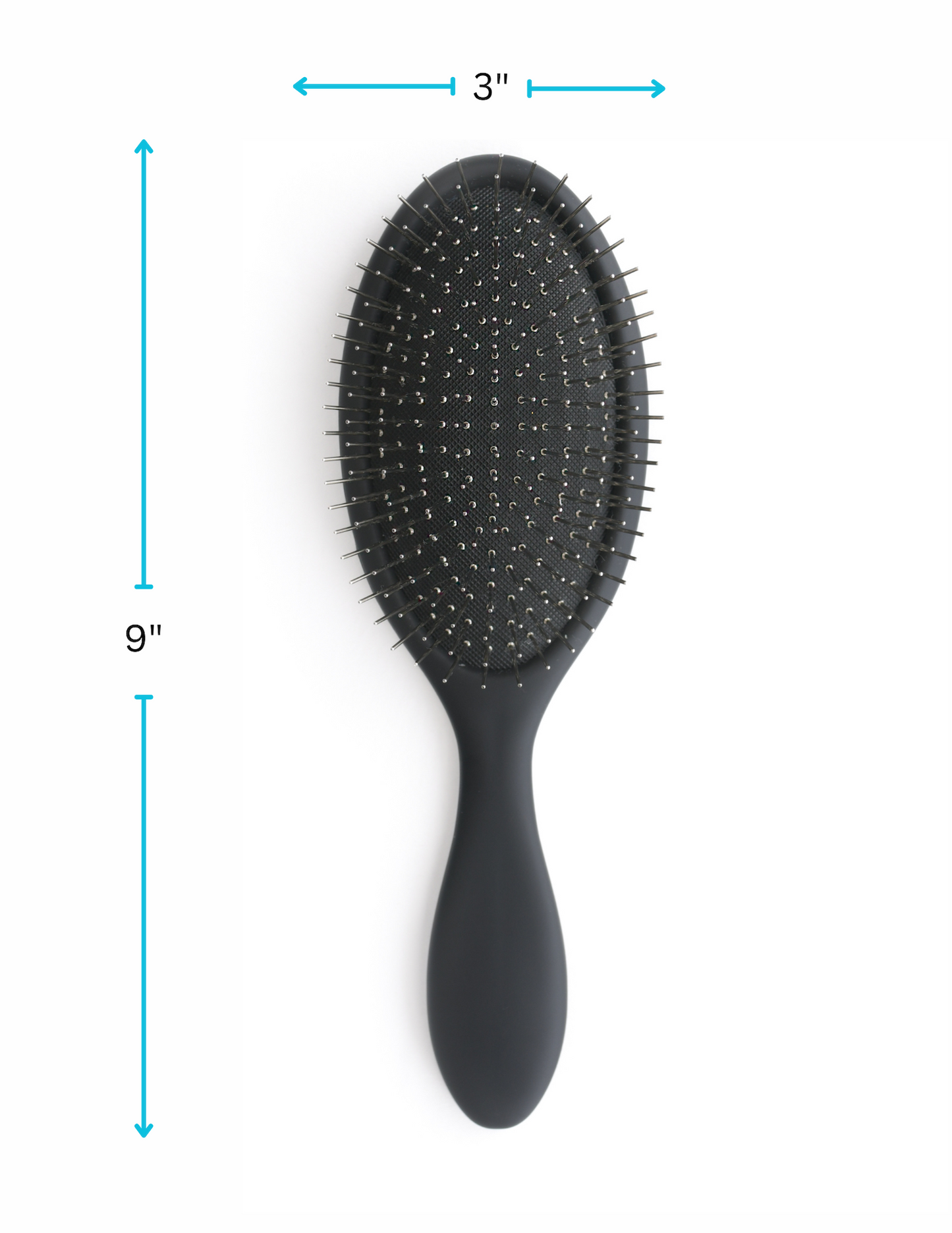 Size guide for the Matte Black detangling brush, 9 inches long by 3 inches wide
