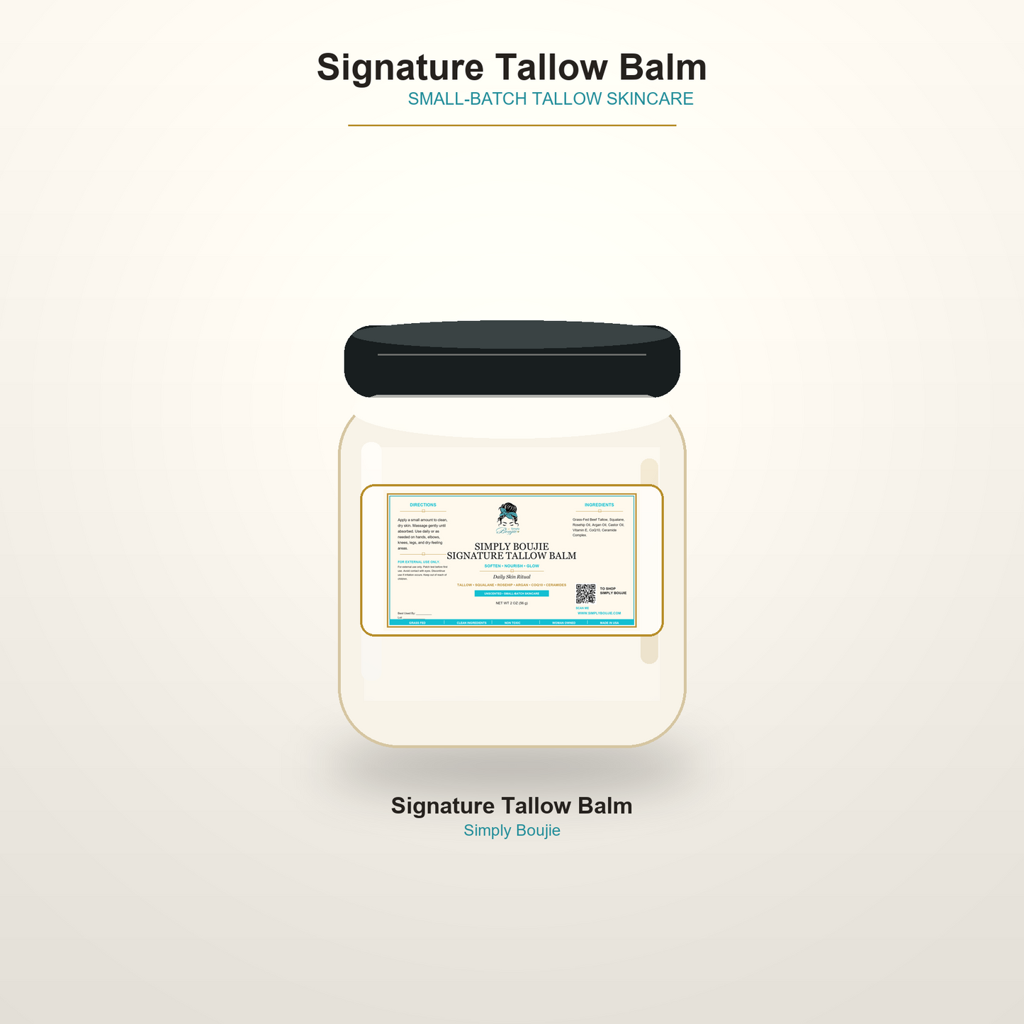 Simply Boujie Signature Tallow Balm jar with new horizontal label