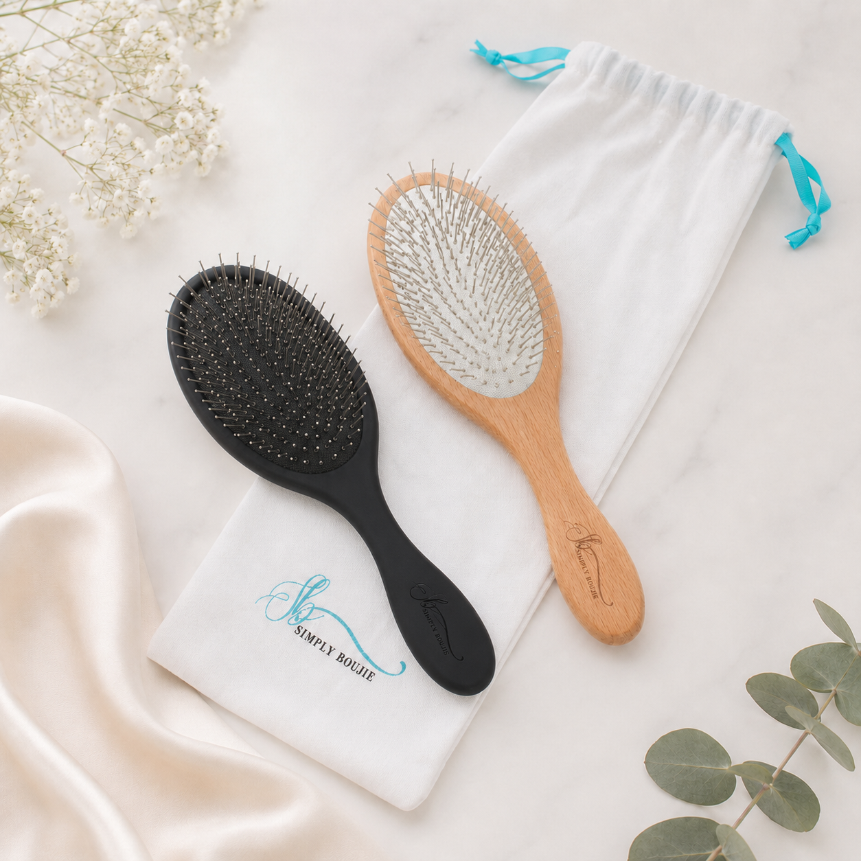 Beech Wood & Matte Black Hair Brush Bundle | Wood + Resin Detangling Set | Scalp Massage Wet Dry Brush for Curly Thick Fine Hair | Extension & Wig Safe | Gift Set