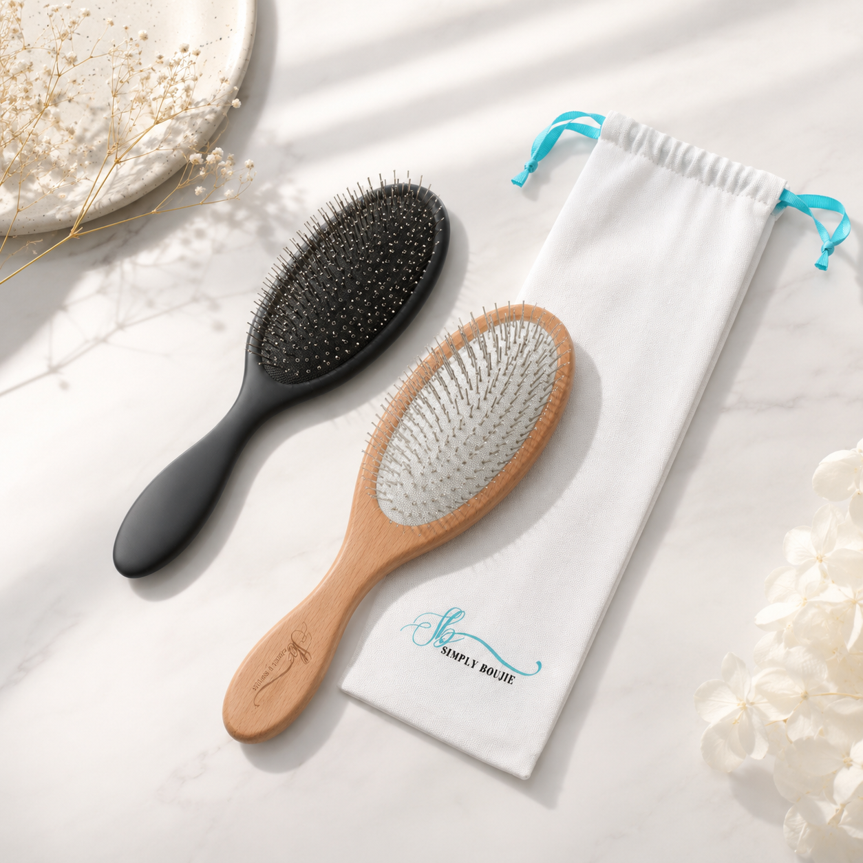 Beech Wood & Matte Black Hair Brush Bundle | Wood + Resin Detangling Set | Scalp Massage Wet Dry Brush for Curly Thick Fine Hair | Extension & Wig Safe | Gift Set