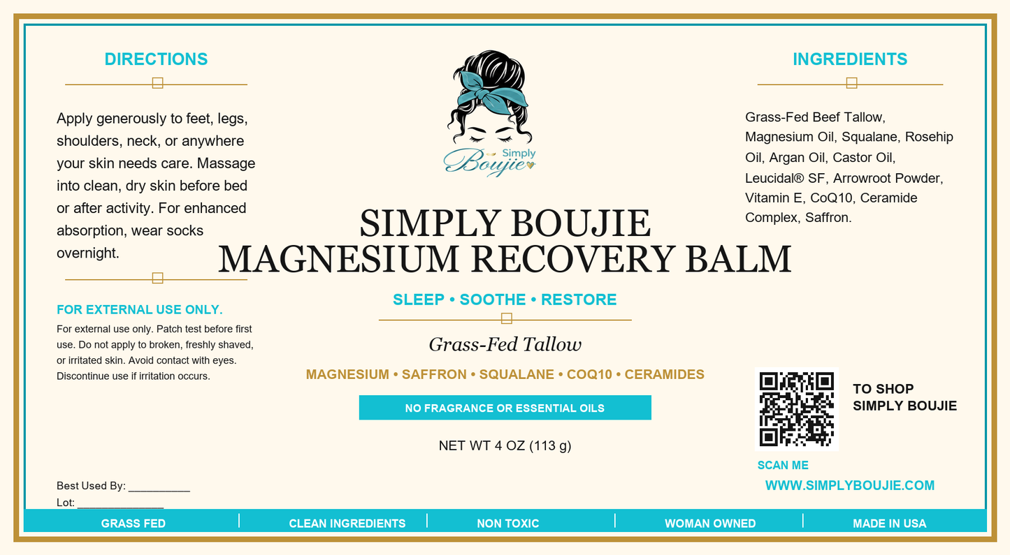Simply Boujie Magnesium Recovery Balm label - Simply Boujie