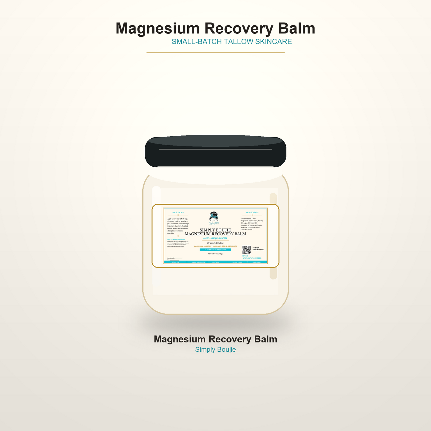 Simply Boujie Magnesium Recovery Balm jar with new horizontal label
