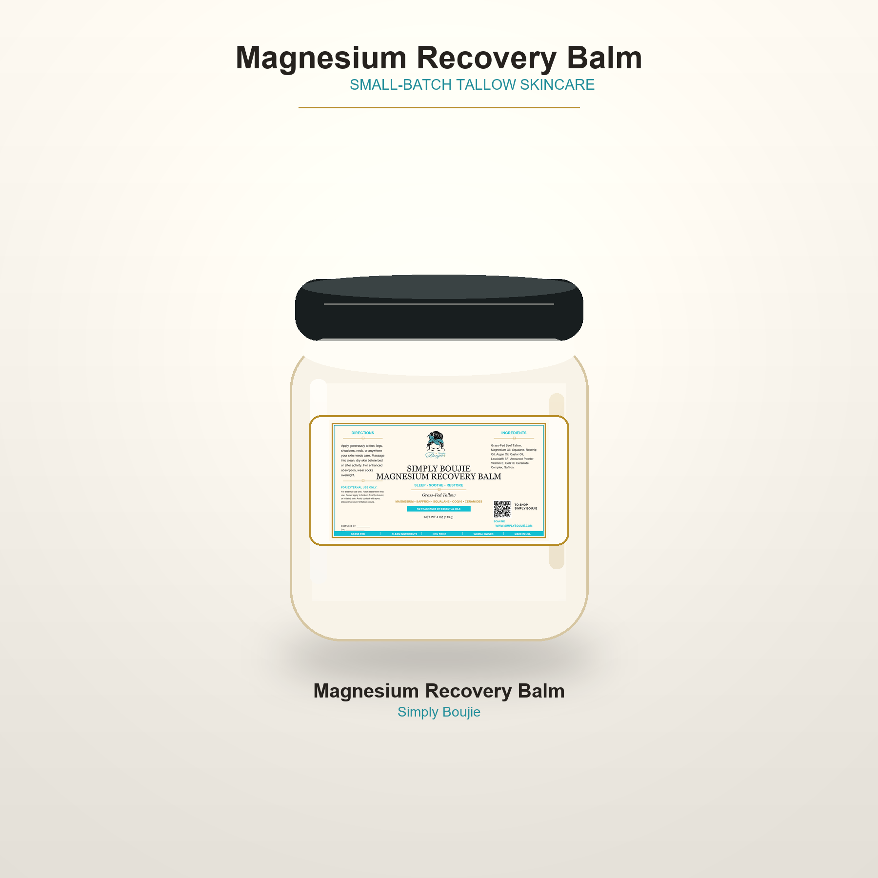 Simply Boujie Magnesium Recovery Balm jar with new horizontal label