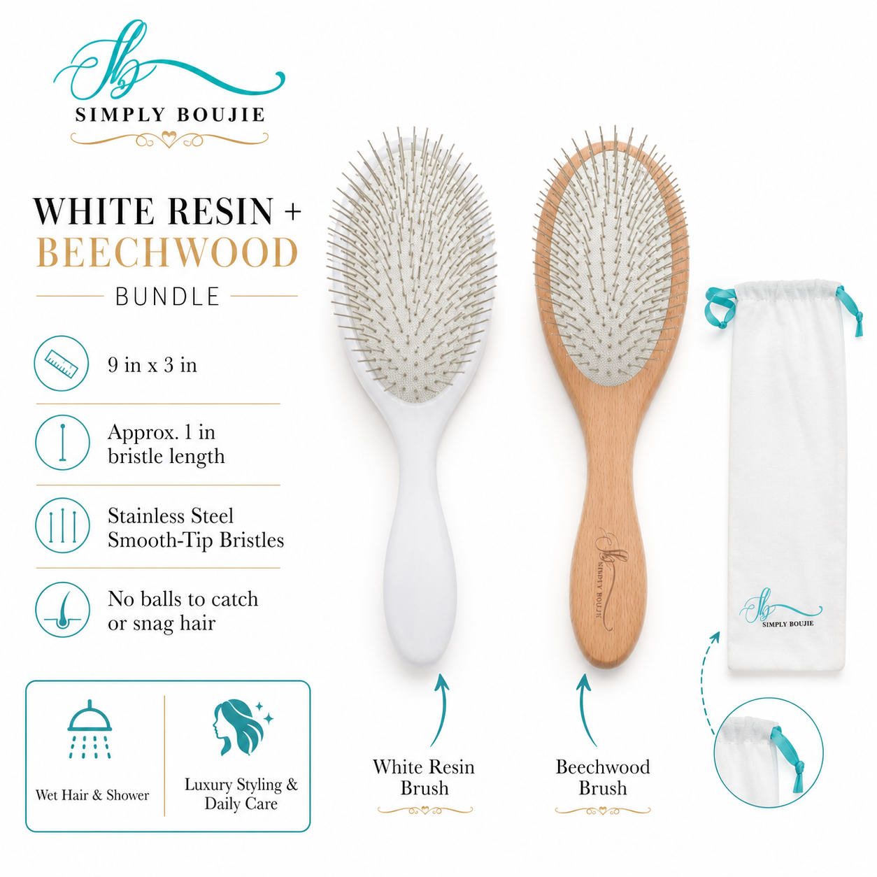 Beech Wood & Pearl White Hair Brush Bundle | Wood + Resin Detangling Set | Scalp Massage Wet Dry Brush for Curly Thick Fine Hair | Extension & Wig Safe | Gift Set