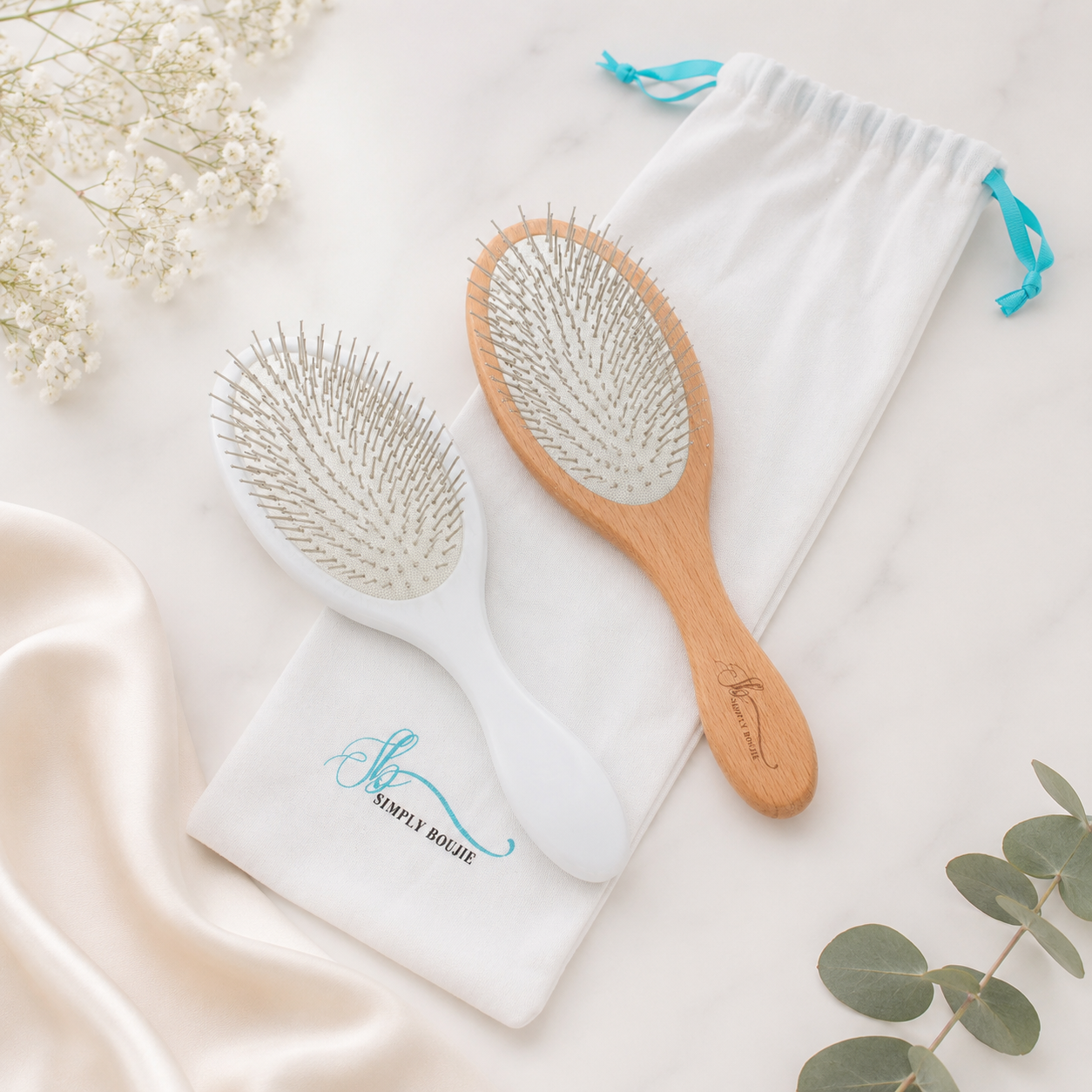 Beech Wood & Pearl White Hair Brush Bundle | Wood + Resin Detangling Set | Scalp Massage Wet Dry Brush for Curly Thick Fine Hair | Extension & Wig Safe | Gift Set